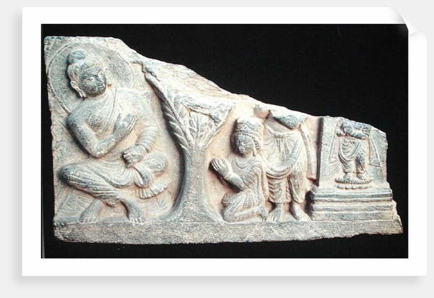 Detail of a relief frieze depicting a seated Buddha with orants, Greco-Buddhist style, from Taxila, Pakistan, 1st-4th century by School Pakistani