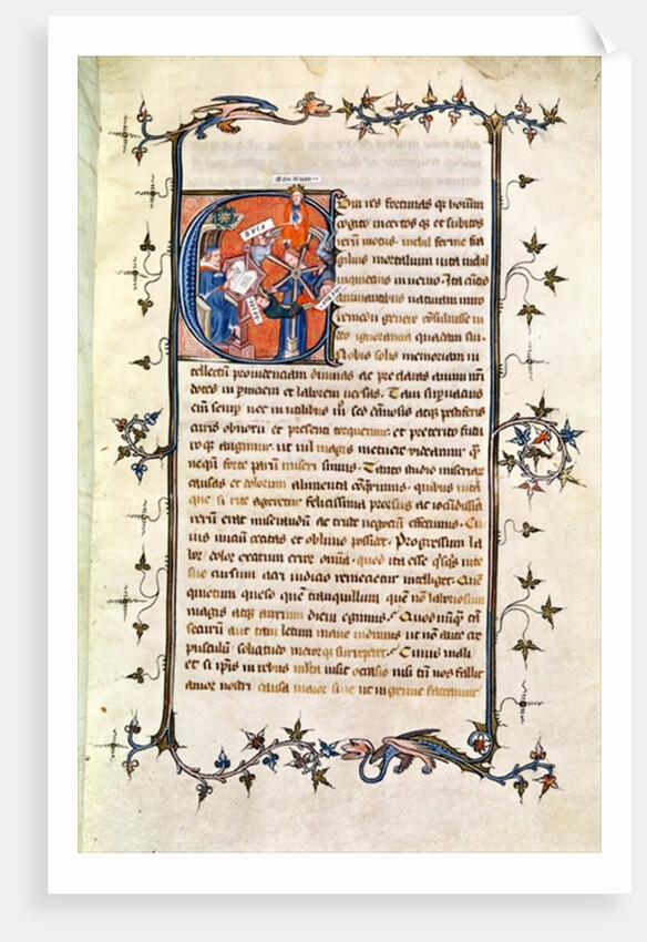 Ms.239 fol.1 Page with a historiated Initial depicting a seated man before the Wheel of Fortune by French School