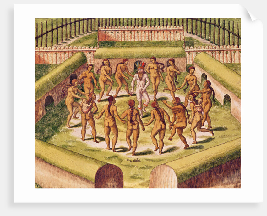 Dancing around a captive before the hut containing the Tamerkas or idols by Theodor de Bry