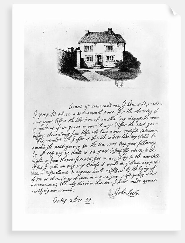 Facsimile of a letter illustrating the house in which Locke was born in Wrington, Somerset by John Locke