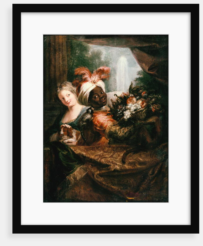 Young Black Man Holding a Basket of Fruit and a Young Girl Stroking a Dog by Antoine Coypel