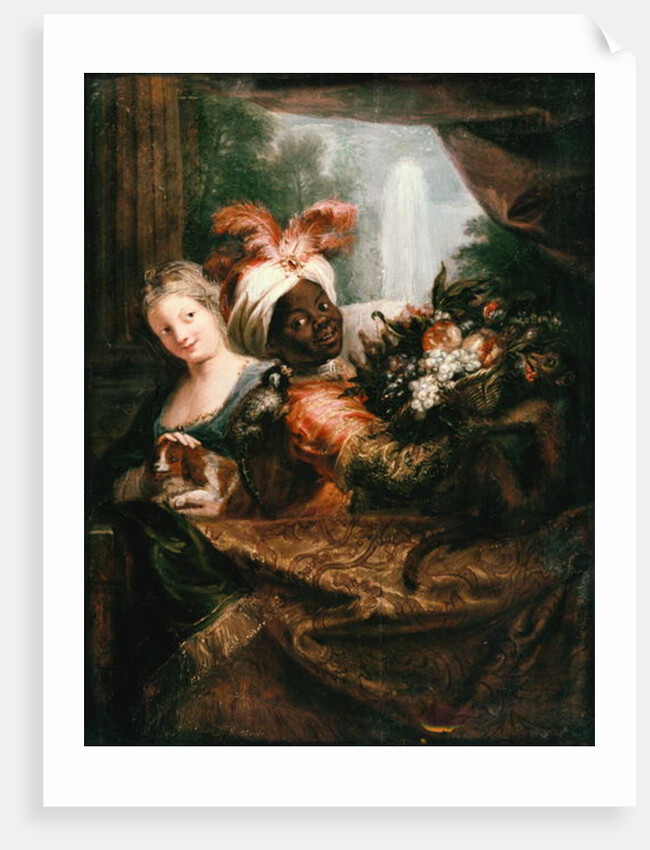 Young Black Man Holding a Basket of Fruit and a Young Girl Stroking a Dog by Antoine Coypel
