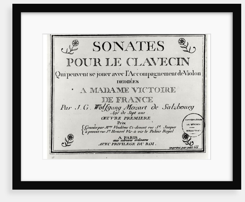 Title Page for 'Sonates pour le clavecin' dedicated to Madame Victoire de France by Mozart. by French School
