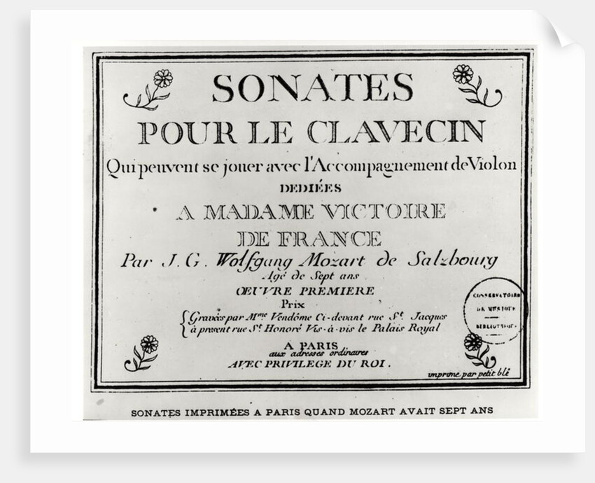 Title Page for 'Sonates pour le clavecin' dedicated to Madame Victoire de France by Mozart. by French School