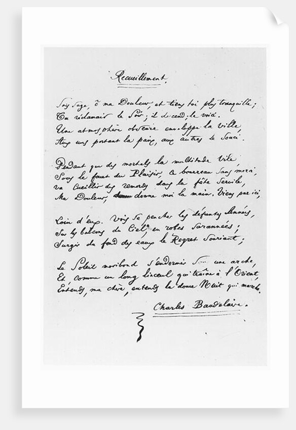 Recueillement, signed sonnet, 1861 by Charles Pierre Baudelaire