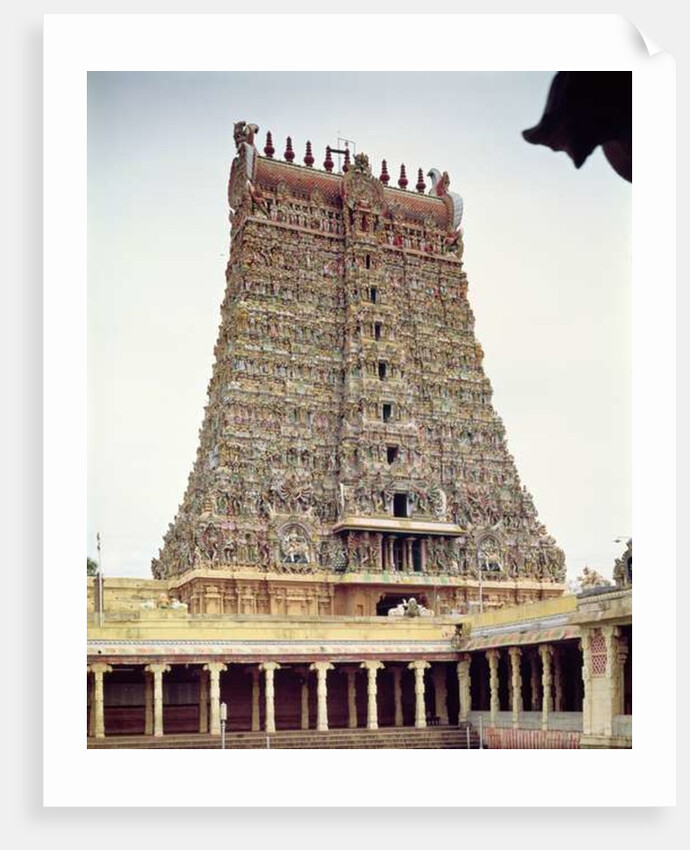 View of the carved exterior of the south gopuram by Indian School