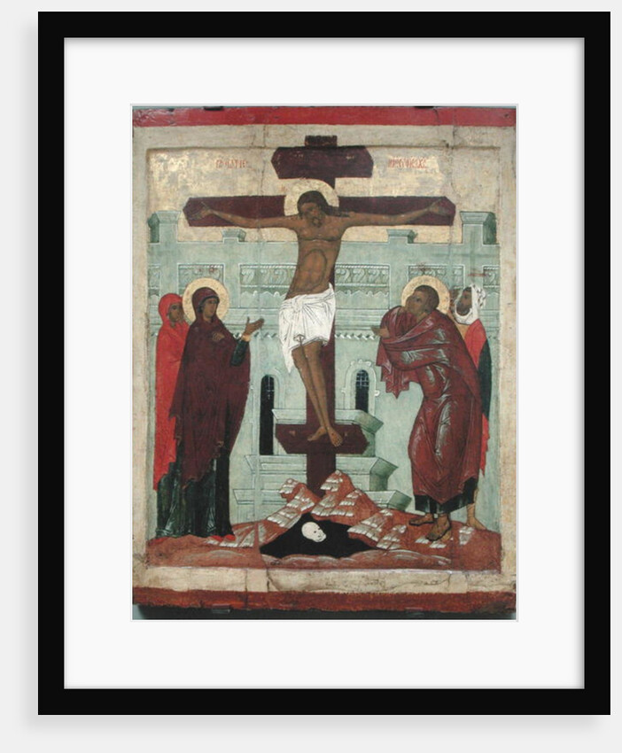 Icon depicting the Crucifixion with the Virgin, Mary Magdalene, St. John and the Centurion Longinus, Novgorod School by Russian School