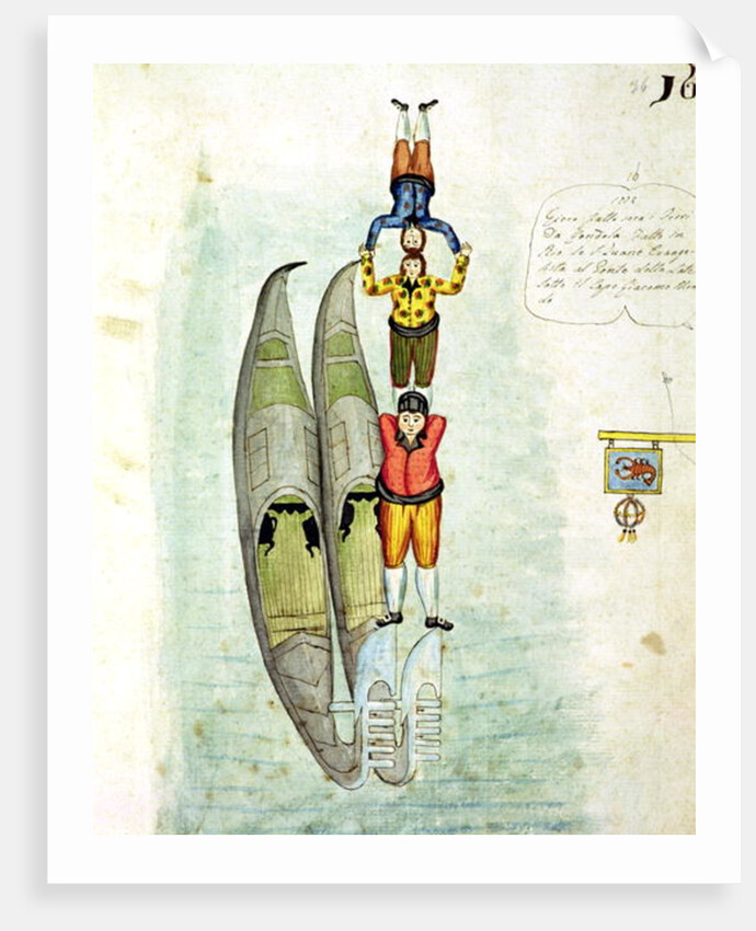 Three men balancing on two gondolas, 1772 by Italian School