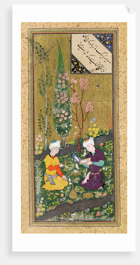 Ms C-860 fol.9a Two Figures Reading and Relaxing in an Orchard, c.1540-50 by Persian School