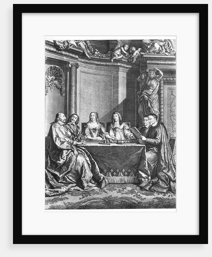 St. Vincent de Paul and Cardinal Jules Mazarin at the Conseil de Conscience of Louis XIV engraved by Gerard Scotin c.1660 by French School
