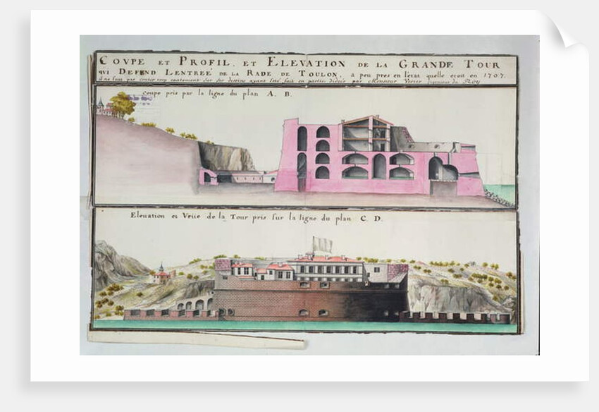 Ms 508/131 K fol.107 Cross-section and elevation of the harbour tower at Toulon by Claude Masse