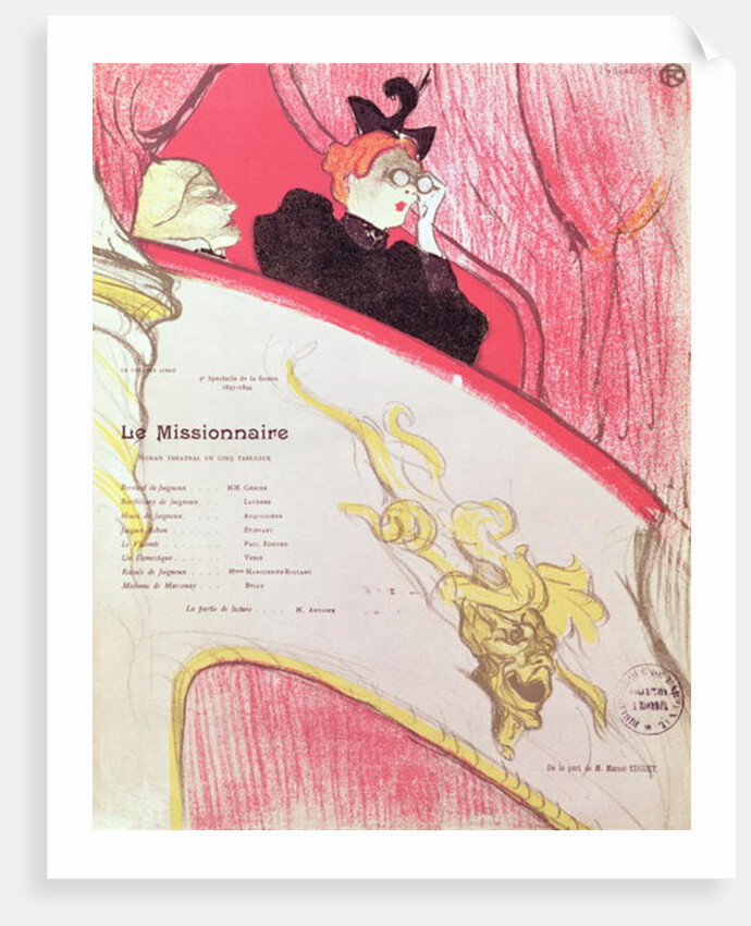 Cover of a programme for 'Le Missionaire' at the Theatre Libre, 1893-94 by Henri de Toulouse-Lautrec