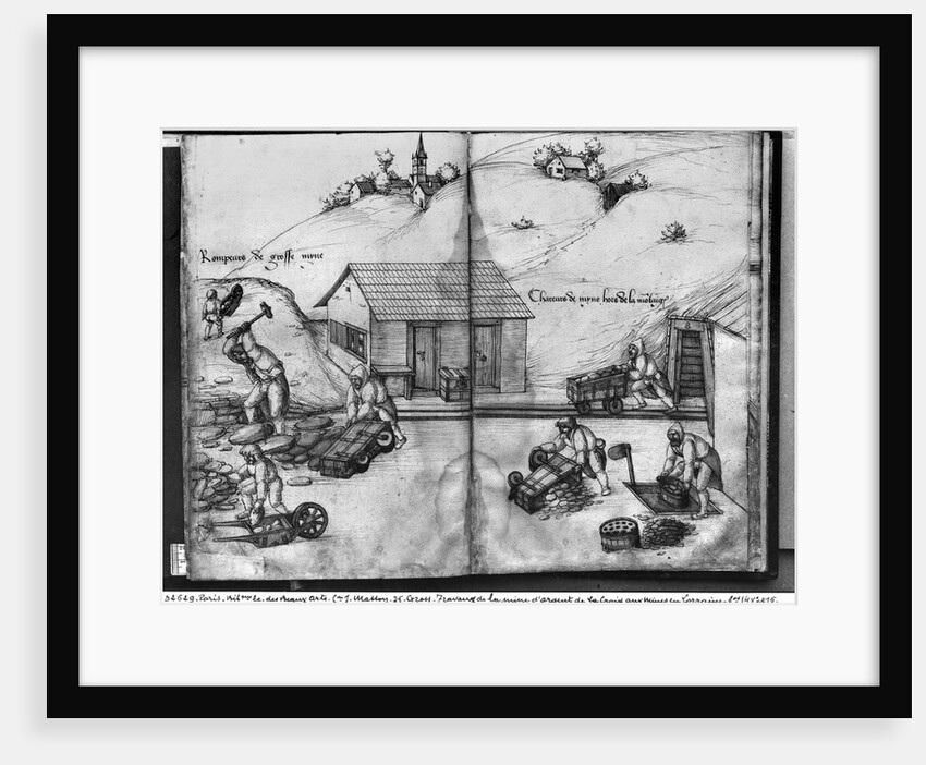 Silver mine of La Croix-aux-Mines, Lorraine, fol.14v and fol.15r, breaking and carrying the ore, c.1530 by Heinrich Gross or Groff