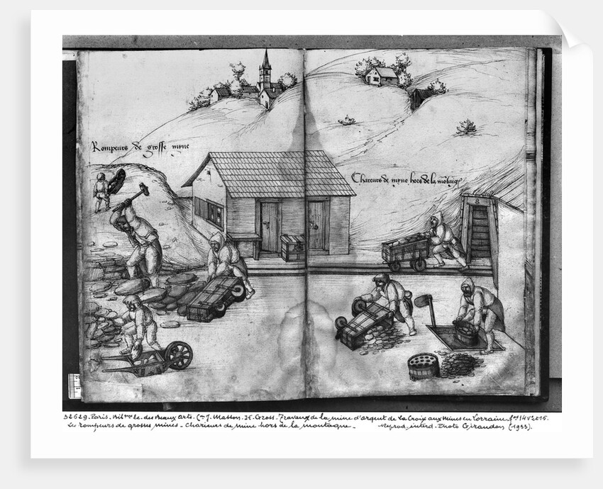 Silver mine of La Croix-aux-Mines, Lorraine, fol.14v and fol.15r, breaking and carrying the ore, c.1530 by Heinrich Gross or Groff