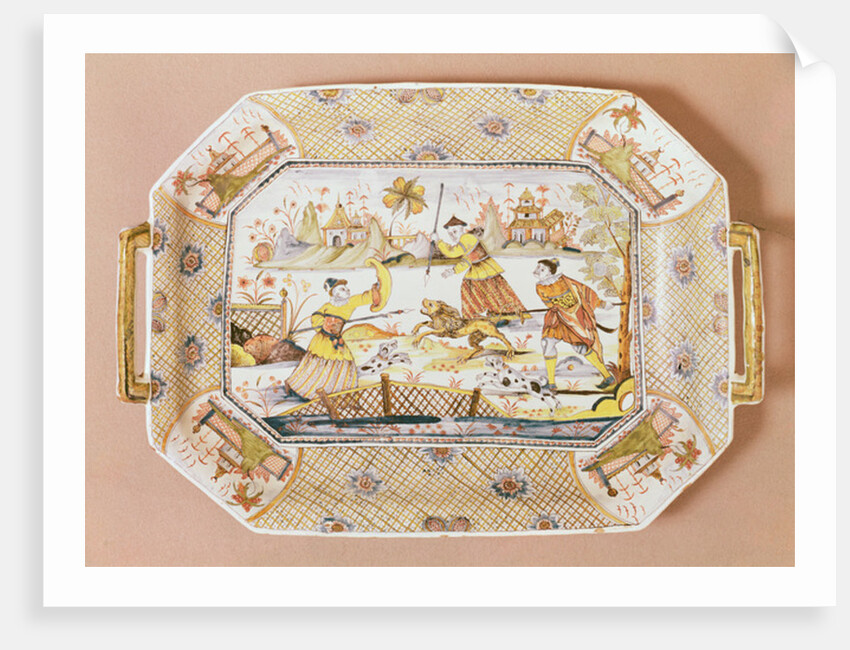 Octagonal dish with a chinese pattern of a lion hunt, c.1730 by Guillibaud