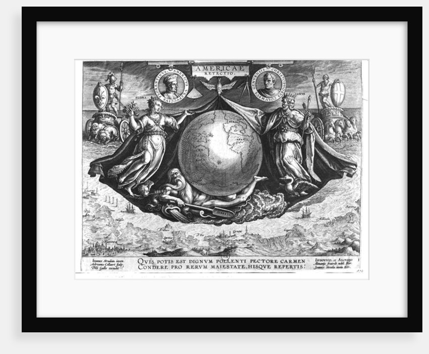 Discovery of America with portraits of Amerigo Vespucci and Christopher Columbus engraved by Jan Collaert printed by Philipp Galle c.1600 by Jan van der Straet