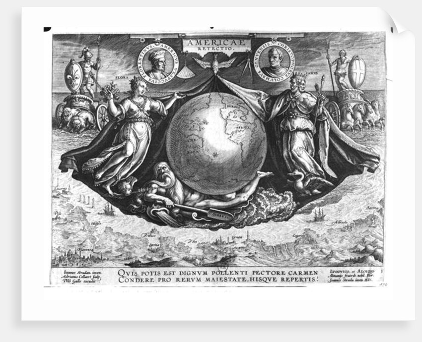 Discovery of America with portraits of Amerigo Vespucci and Christopher Columbus engraved by Jan Collaert printed by Philipp Galle c.1600 by Jan van der Straet