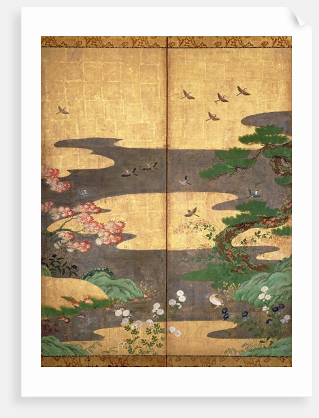 Birds with Autumn and Winter flowers by Japanese School