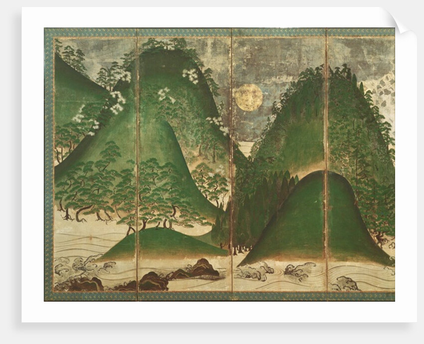 Spring Landscape with Sun, part of a six panel folding screen by School Japanese