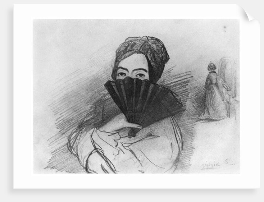 Portrait of George Sand behind her fan by Alfred de Musset
