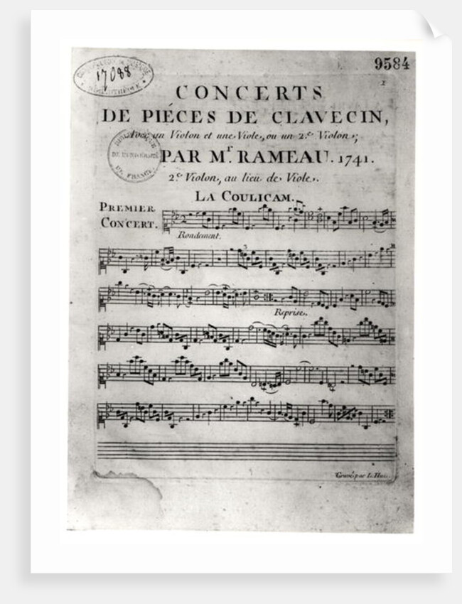 Score sheet for 'Concerts de Pieces de Clavecin' by Jean-Philippe Rameau 1741 by L. Hue