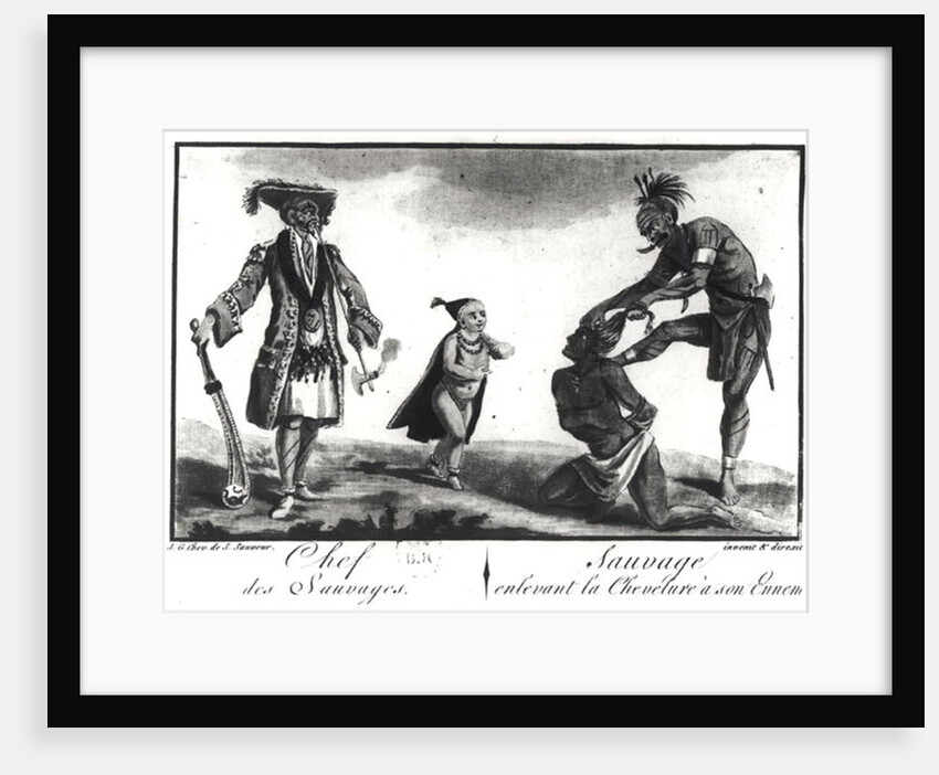 The Chief of the Savages Dressed as a European, a Child and a Savage Scalping his Enemy by Jacques Grasset de Saint-Sauveur