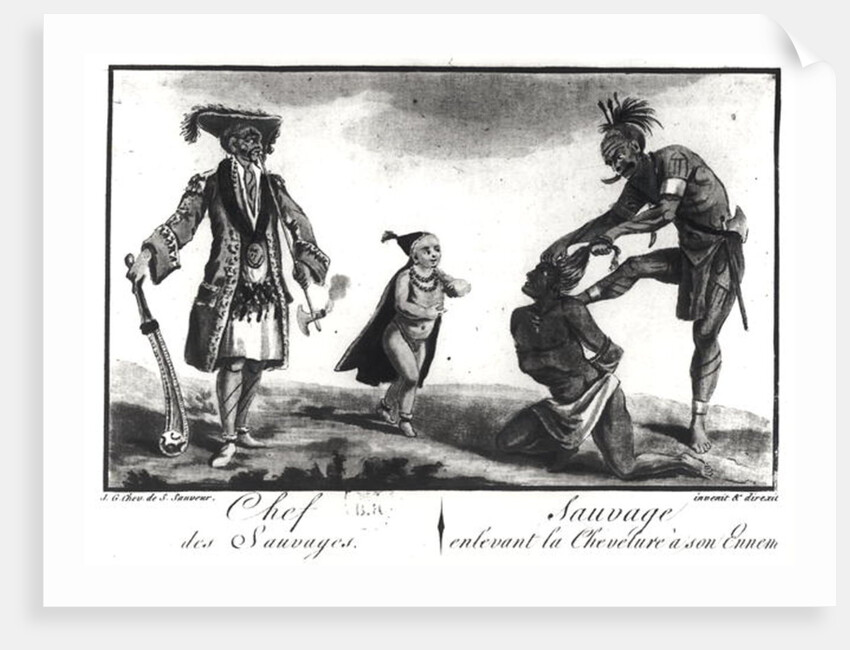 The Chief of the Savages Dressed as a European, a Child and a Savage Scalping his Enemy by Jacques Grasset de Saint-Sauveur