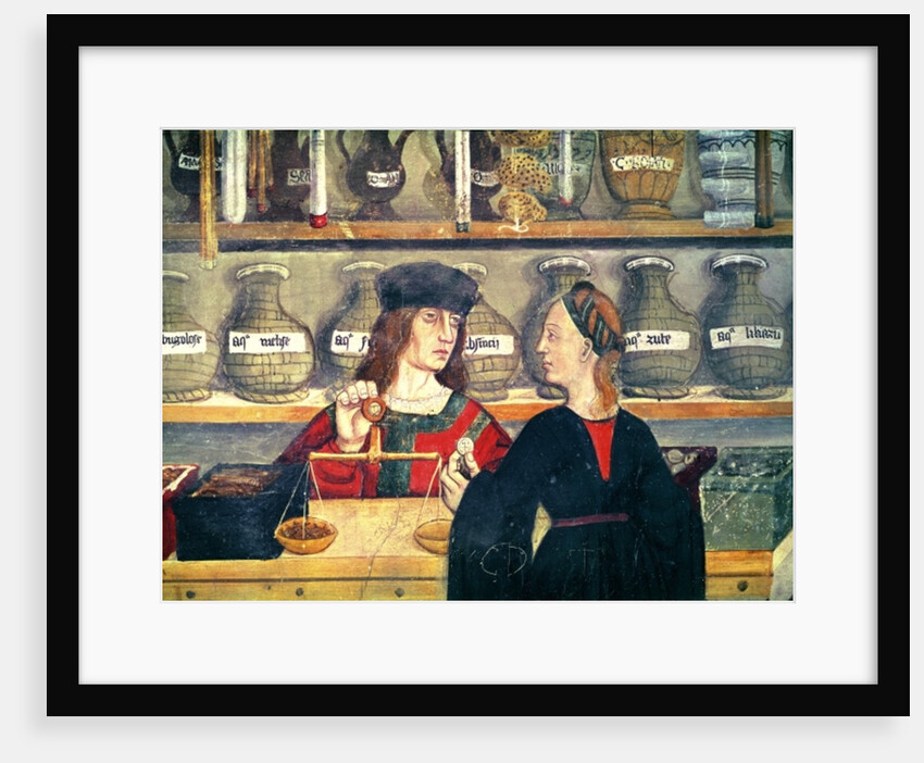 The Pharmacy, detail, Anonymous painting, Val d'Aosta, Castello di Issogne, 15th century by Italian School