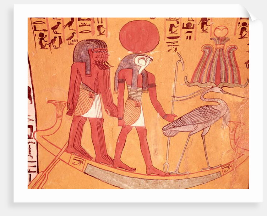 Solar barque with Re-Horakhty, the benu bird and four other deities by Egyptian 19th Dynasty