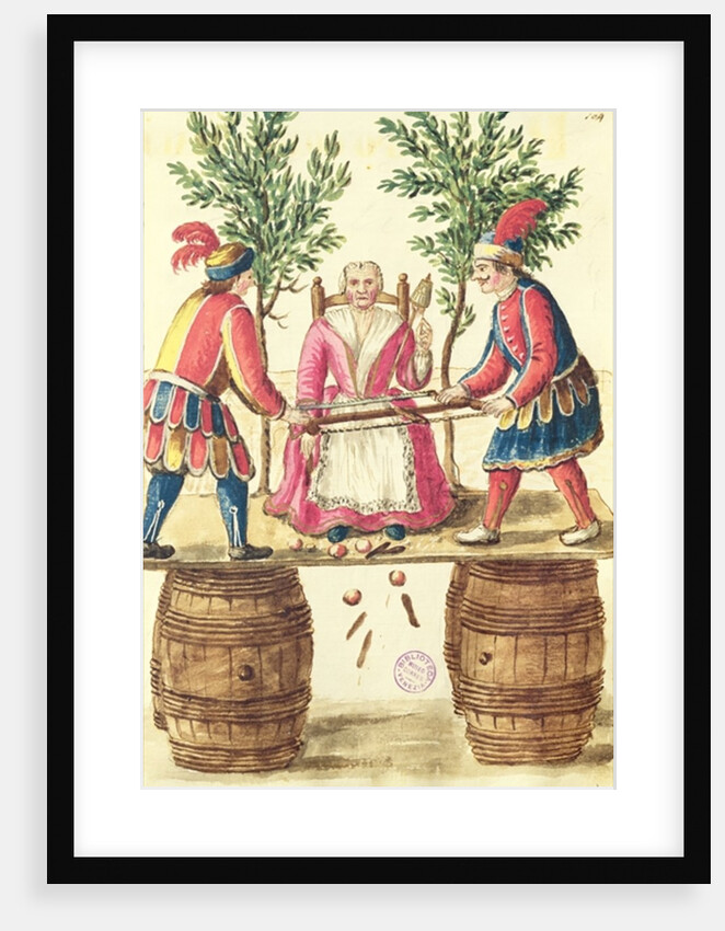 Two Venetian magicians sawing a woman in half by Jan van Grevenbroeck