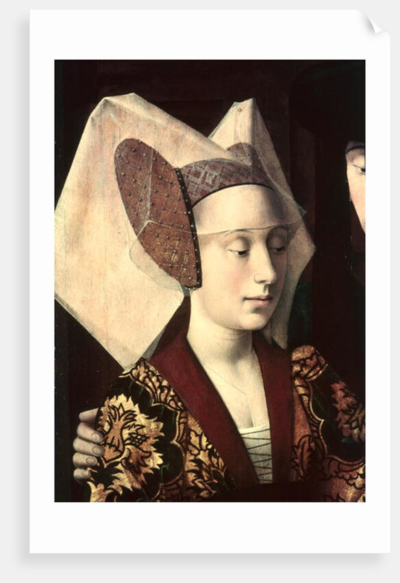 St. Eligius as a goldsmith showing a ring to the engaged couple, detail of the fiancee, 1449 by Petrus Christus