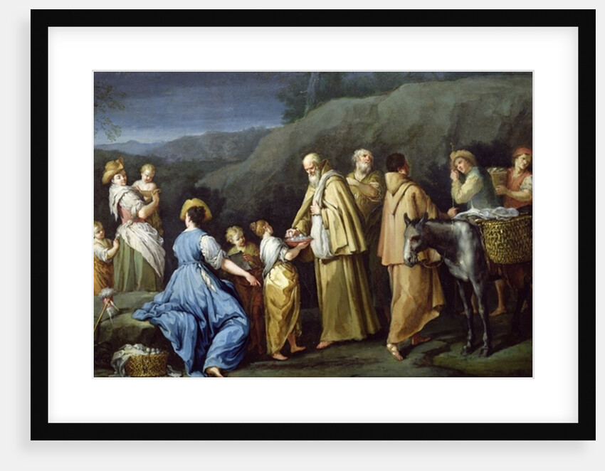 Young Girl Offering Eggs to a Group of Monks by Giuseppe Gambarini