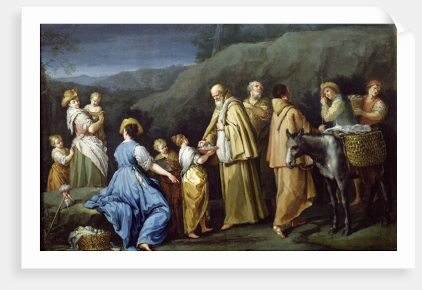 Young Girl Offering Eggs to a Group of Monks by Giuseppe Gambarini