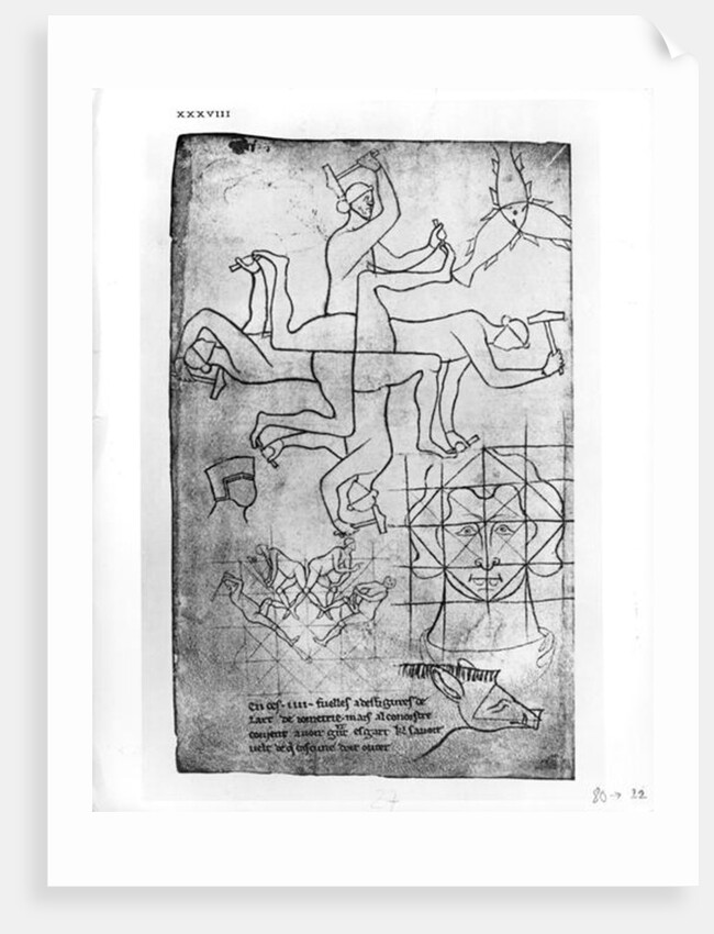 Facsimile copy of Ms Fr 19093 fol.19v Studies of men and animals by Villard de Honnecourt