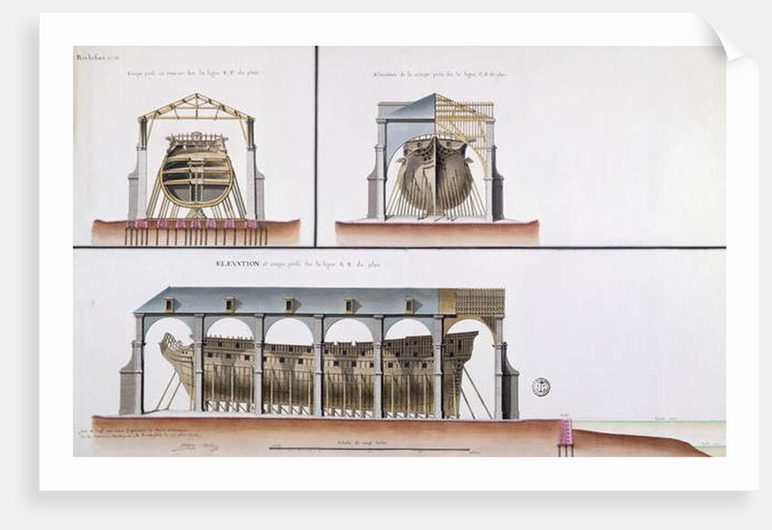 Cross-section and elevation of a ship, 1776 by French School