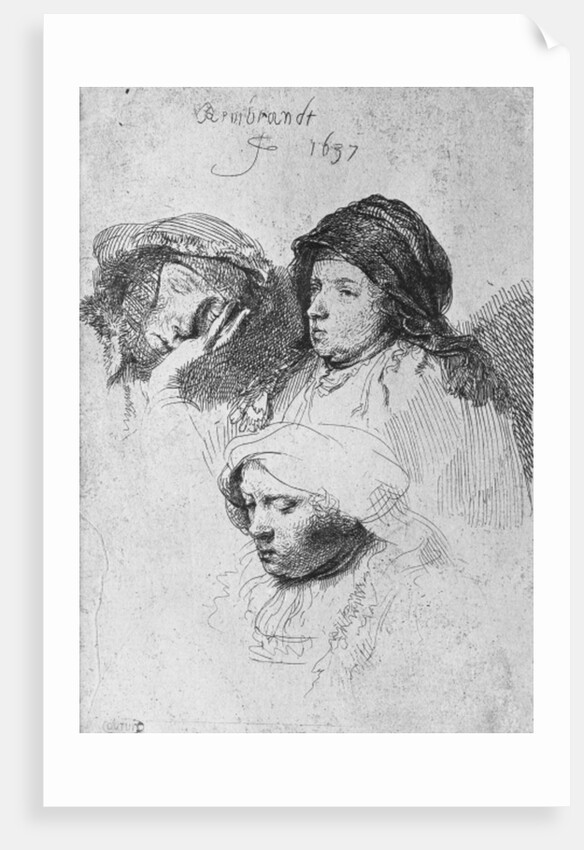 Three female heads with one sleeping, 1637 by Rembrandt Harmensz. van Rijn