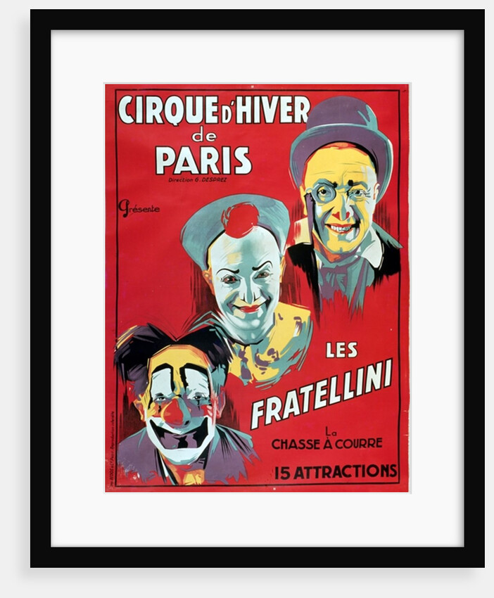 Poster advertising the 'Cirque d'Hiver de Paris' featuring the Fratellini Clowns, c.1927 by French School