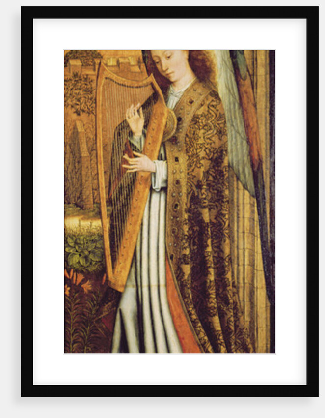 The Virgin and Child with Angels, right hand panel depicting an angel musician by Master of the Embroidered Foliage