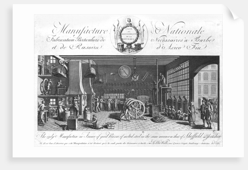 The only manufacture in France of good razors of melted steel in the same manner as that of Sheffield in England, Yorkshire, late 18th century by French School