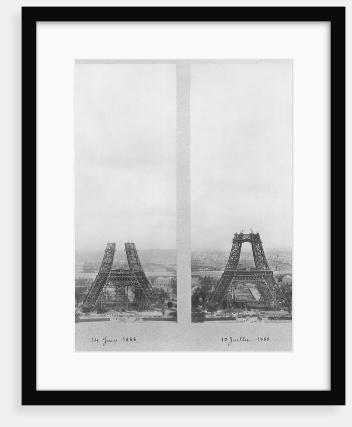Two views of the construction of the Eiffel Tower, Paris, 14th June and 10th July 1888 by French Photographer