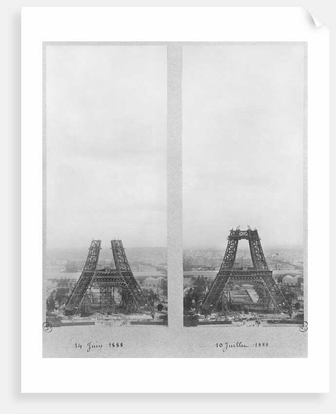 Two views of the construction of the Eiffel Tower, Paris, 14th June and 10th July 1888 by French Photographer