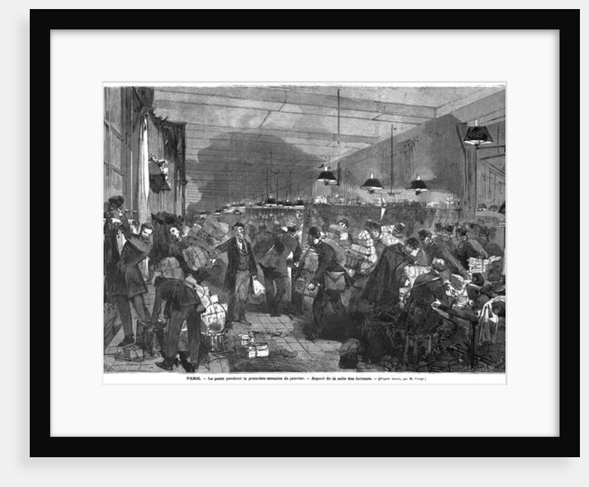 Interior of the Paris post office during the first week of January, the postmen room, engraved by Fortune Louis Meaulle by Daniel Urrabieta (after) Vierge