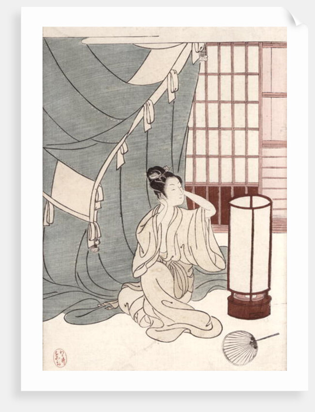 Young woman kneeling by her mosquito net, 1766 by Suzuki Harunobu