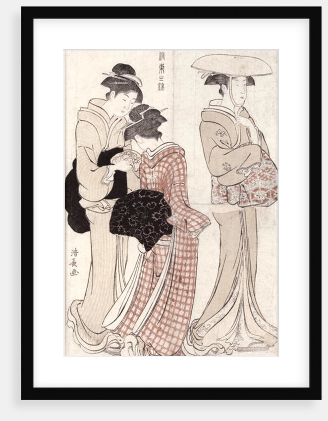Young woman wearing a wide straw hat, followed by a servant and a companion carrying a 'furoshiki' by Torii Kiyonaga