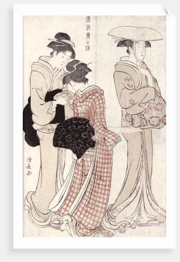 Young woman wearing a wide straw hat, followed by a servant and a companion carrying a 'furoshiki' by Torii Kiyonaga