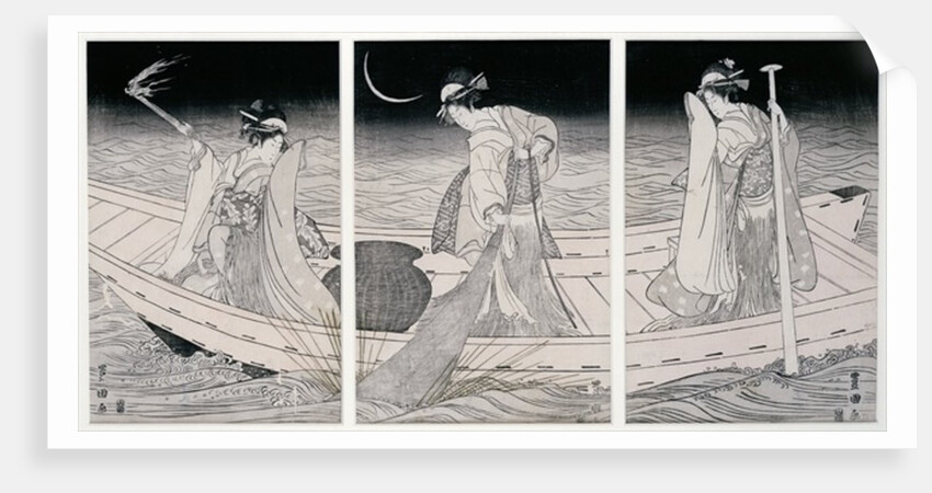 Three women on a boat fishing by lamplight by Utagawa Toyokuni