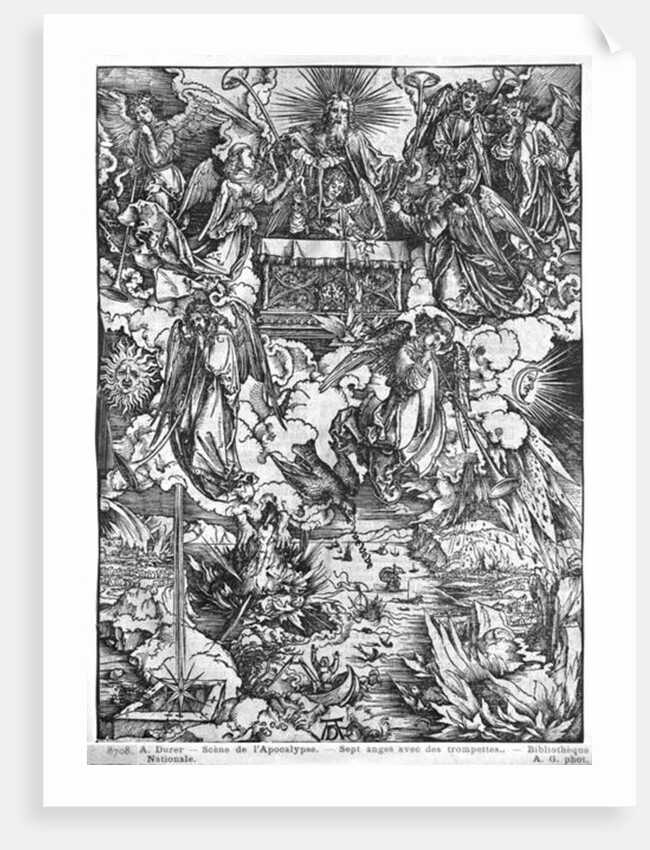 Scene from the Apocalypse, The Opening of the Seventh Seal, The Seven Angels with the trumpets, Latin edition, 1511 by Albrecht Dürer or Duerer