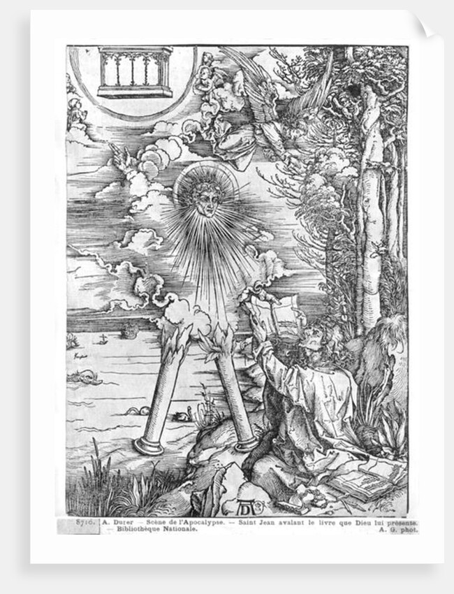 Scene from the Apocalypse, St. John devouring the Book, Latin edition, 1511 by Albrecht Dürer or Duerer