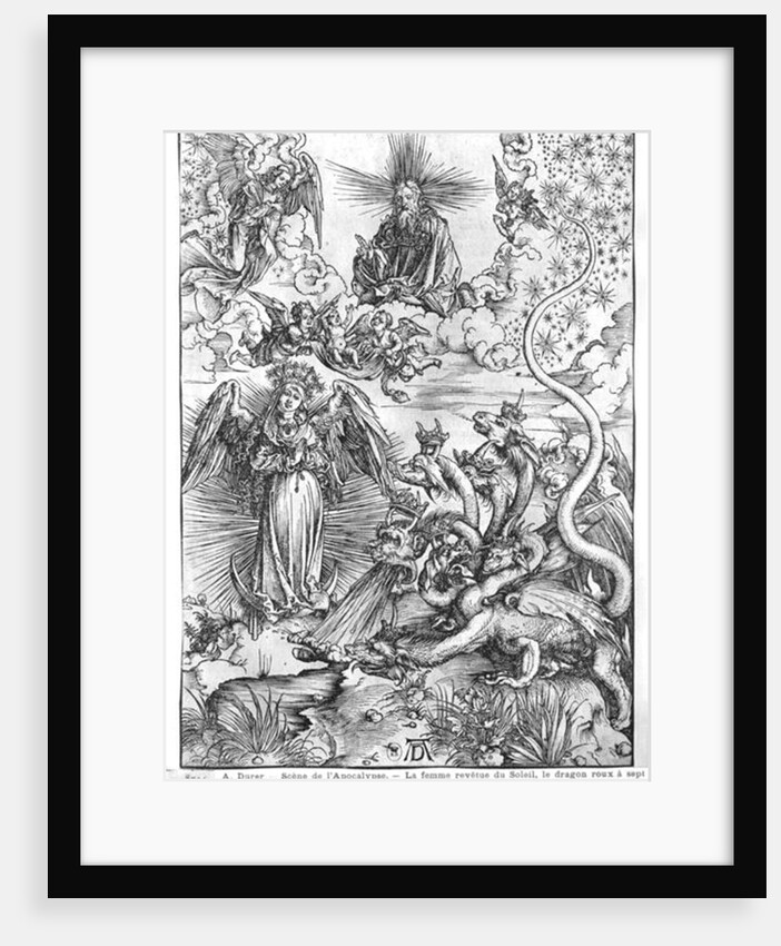 Scene from the Apocalypse, The woman clothed with the sun and the seven-headed dragon, Latin edition, 1511 by Albrecht Dürer or Duerer