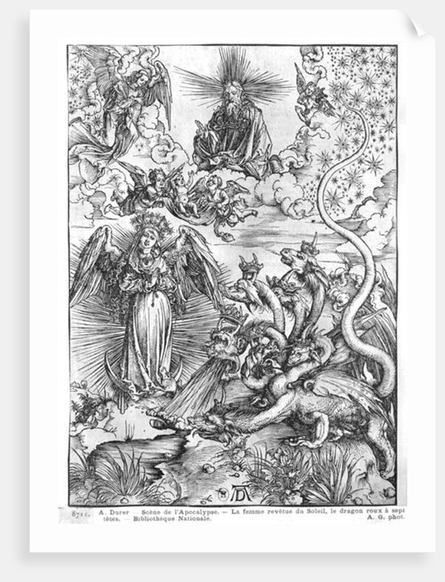 Scene from the Apocalypse, The woman clothed with the sun and the seven-headed dragon, Latin edition, 1511 by Albrecht Dürer or Duerer